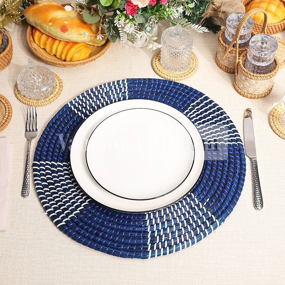 Rattan Export Blue Round Handicraft Concentric Mother of Pearl Seagrass Placemat for Decoration - REX-UP071001-2