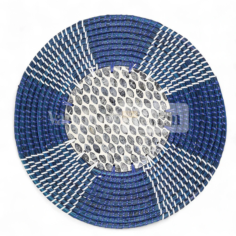 Rattan Export Blue Round Handicraft Concentric Mother of Pearl Seagrass Placemat for Decoration - REX-UP071001-2