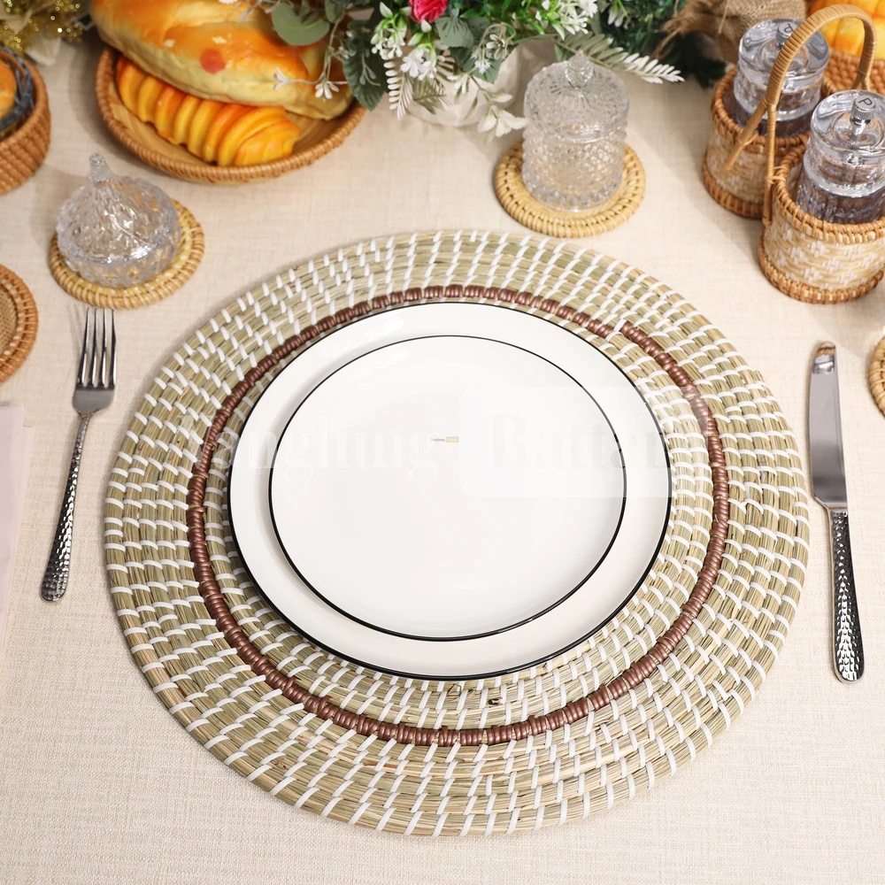 Rattan Export Handicraft Flower Center Mother of Pearl Seegrass Placemat for Decoration - REX-UP071001-1