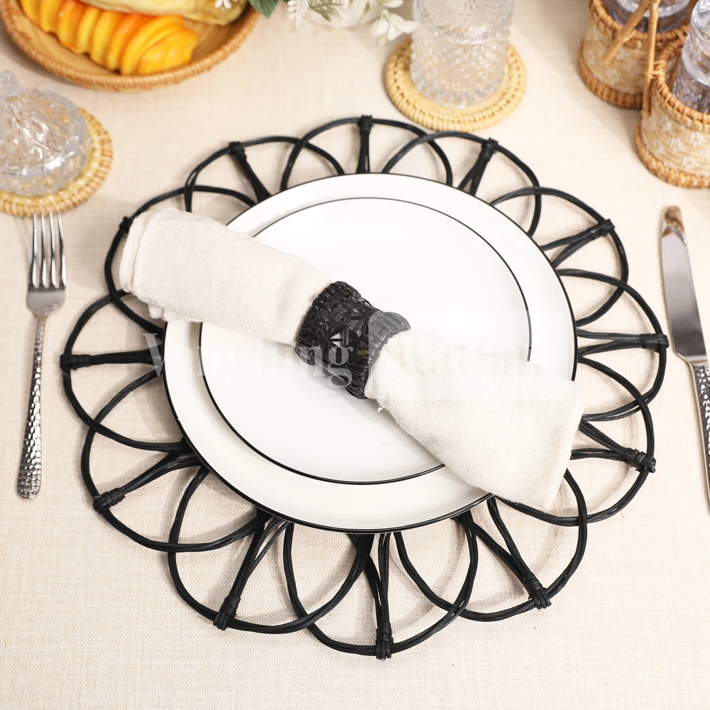 Rattan Export Black Brown Handwoven Creative Flower Rattan Placemat for Decoration - REX-UP054001