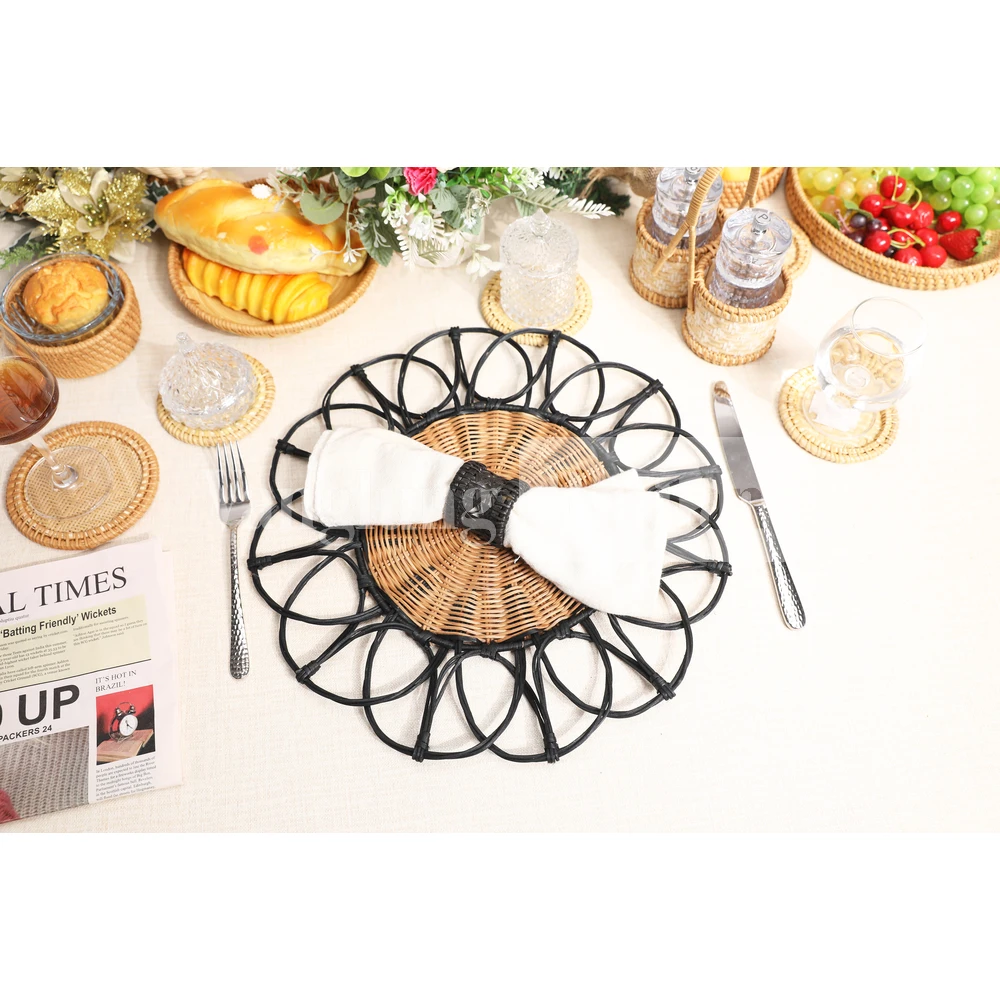 Rattan Export Black Brown Handwoven Creative Flower Rattan Placemat for Decoration - REX-UP054001
