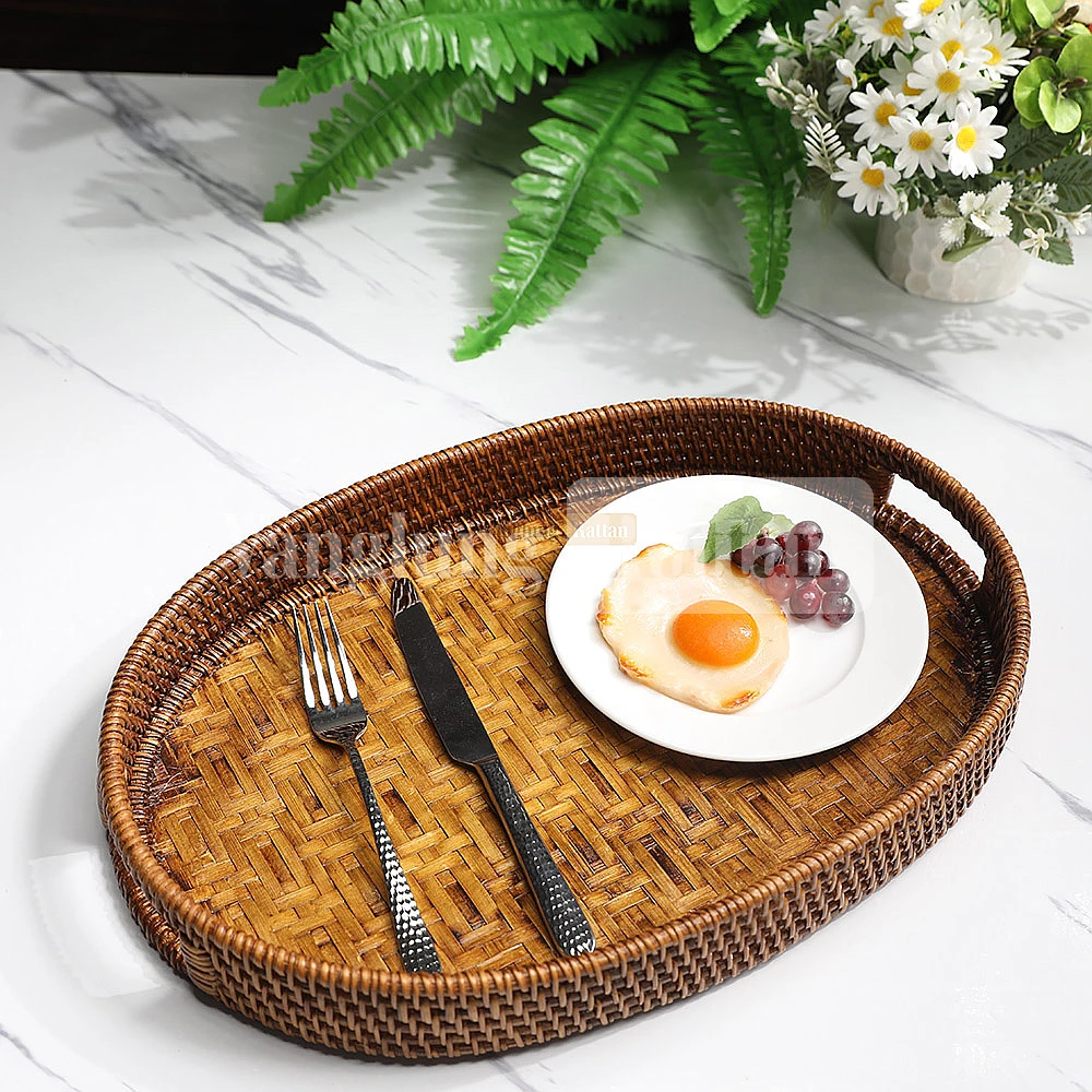 Rattan Export Brown Natural Handle Oval Bambo Rattan Serving Tray - REX-STOV011003