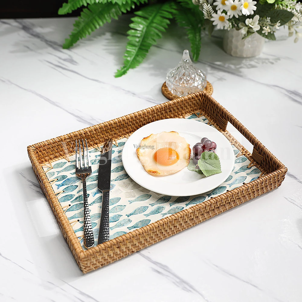 Rattan Export Rectangle Light Brown Rattan Mother of Pearl Serving Tray - REX-STCN012001