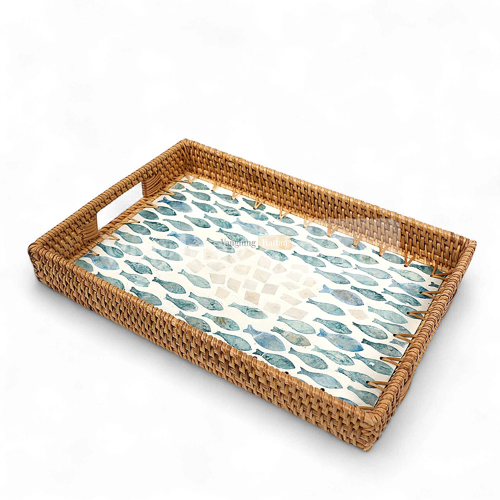 Rattan Export Rectangle Light Brown Rattan Mother of Pearl Serving Tray - REX-STCN012001