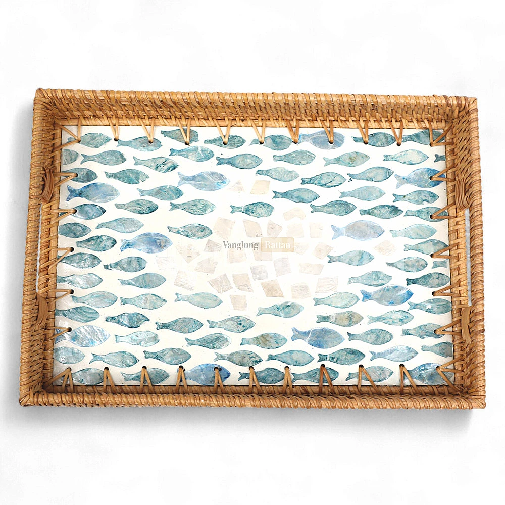 Rattan Export Rectangle Light Brown Rattan Mother of Pearl Serving Tray - REX-STCN012001