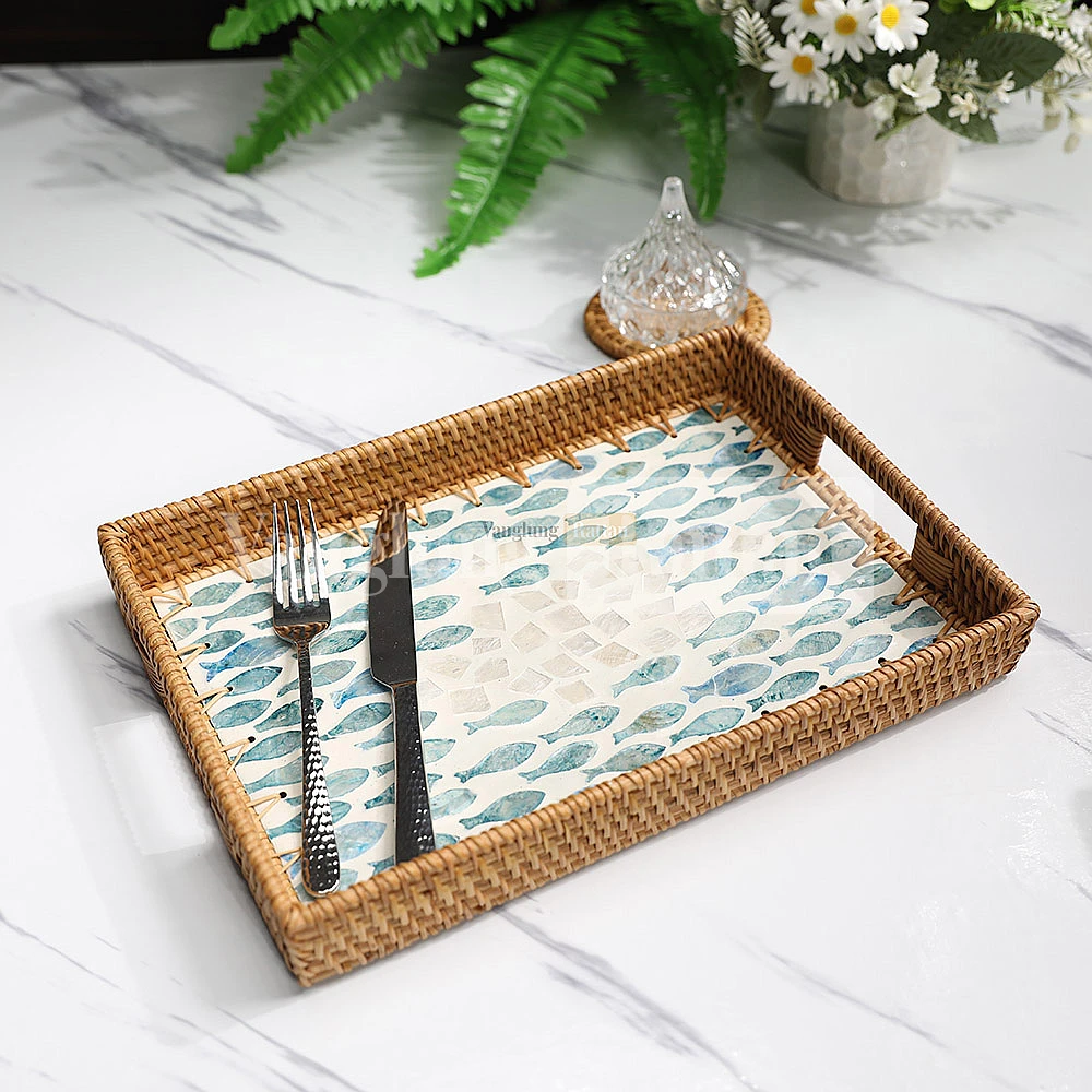 Rattan Export Rectangle Light Brown Rattan Mother of Pearl Serving Tray - REX-STCN012001