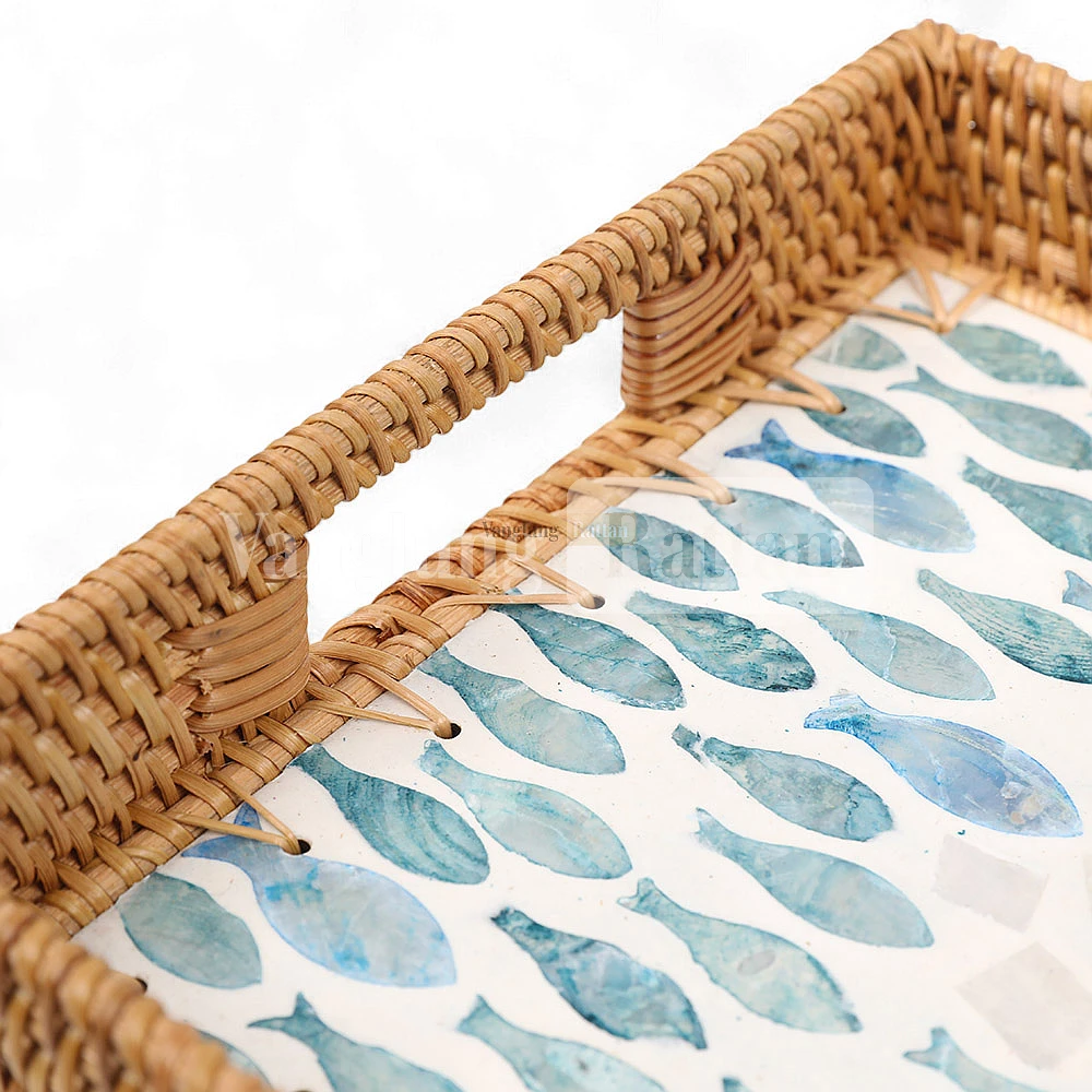 Rattan Export Rectangle Light Brown Rattan Mother of Pearl Serving Tray - REX-STCN012001