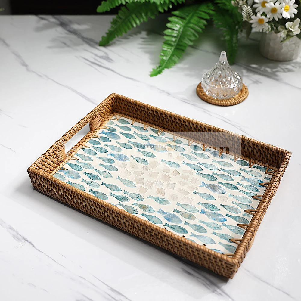Rattan Export Rectangle Light Brown Rattan Mother of Pearl Serving Tray - REX-STCN012001