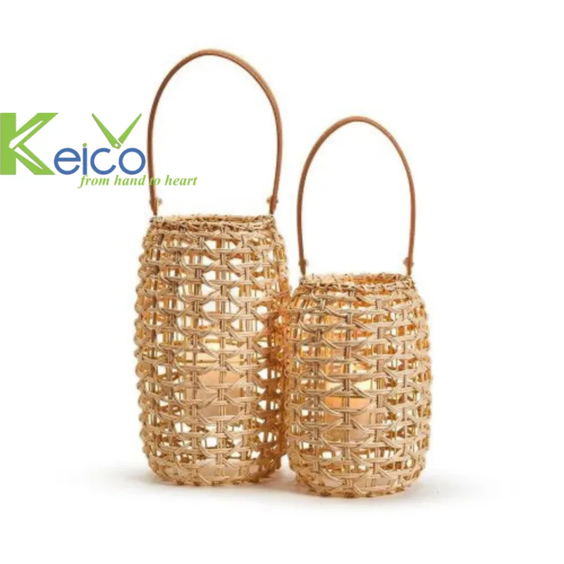 Rattan Export Zylindrische Rattanlaterne mit Ledergriff und Glaseinsatz - REX-K23102102