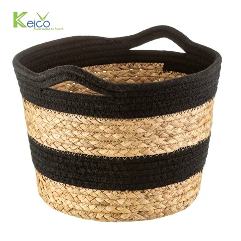 Rattan Export Cesta de almacenamiento de jacinto de agua y cuerda de algodón tejida con asas, negro y natural - REX-202309071988