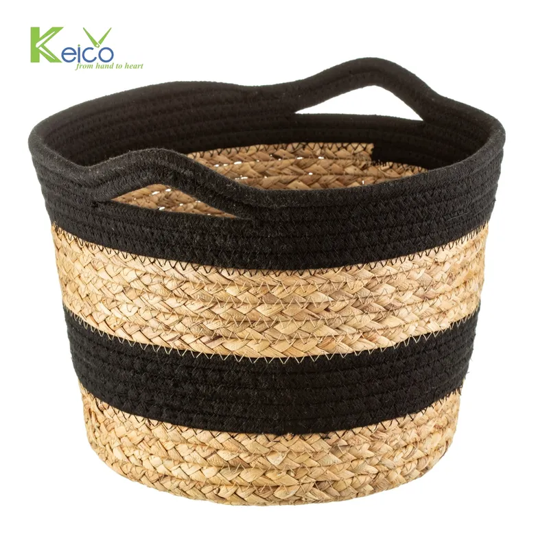Rattan Export Storage basket, water hyacinth cotton rope woven with handles, black and natural color - REX-202309071988