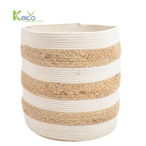 Rattan Export Cesta de almacenamiento redonda de jacinto de agua y cuerda de algodón tejida, blanco y marrón - REX-202308301988