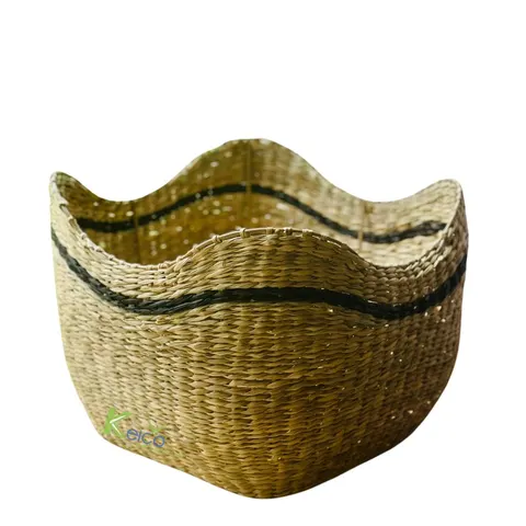 Rattan Export Giỏ đựng đồ cỏ biển màu tự nhiên và đen, viền lượn sóng - REX-8423150836-1-1-1-1