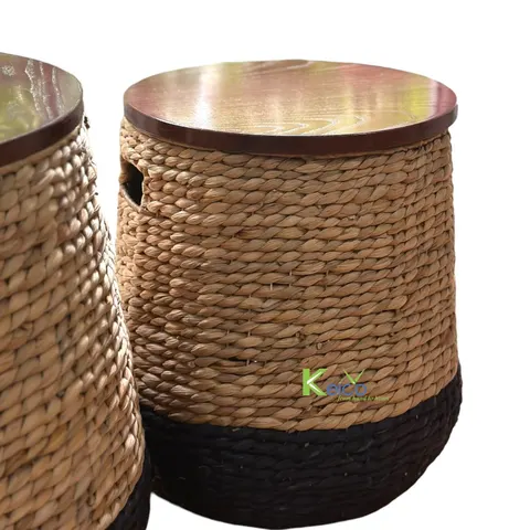 Rattan Export Mesa auxiliar de jacinto de agua con tapa de madera, producto artesanal - REX-BKHTR2422127-1-2