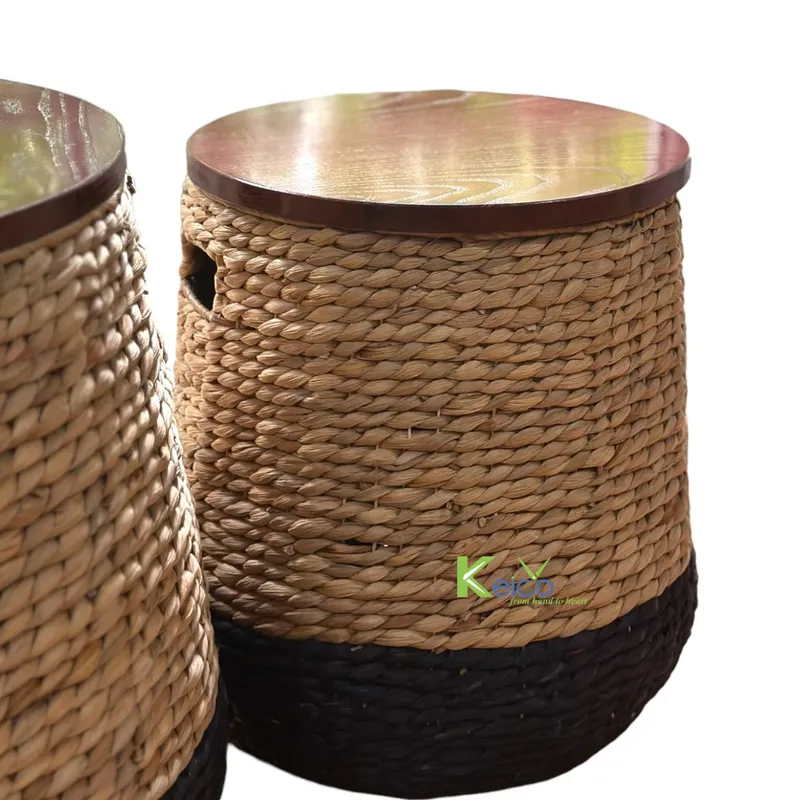 Rattan Export Mesa auxiliar de jacinto de agua con tapa de madera, producto artesanal - REX-BKHTR2422127-1-2