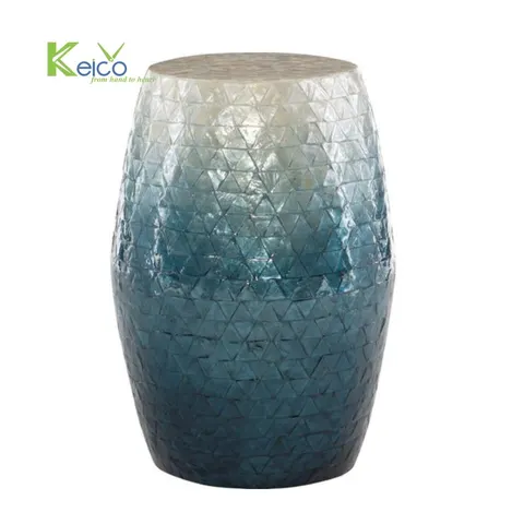 Rattan Export Mesa tambor con mosaico Capiz, blanco y azul, patrón triangular - REX-8423090811