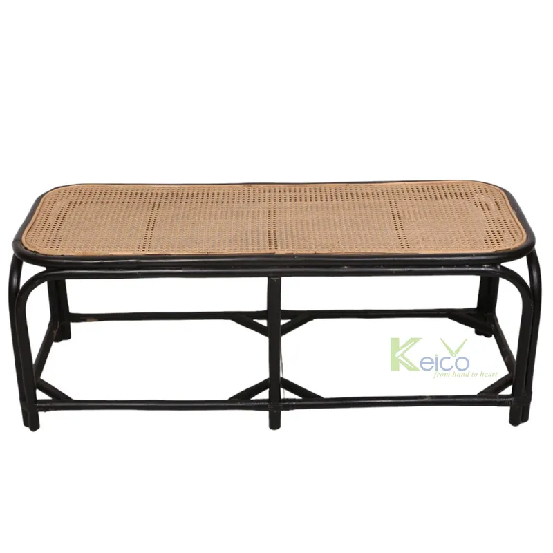 Rattan Export Neu gestalteter Hocker 2024 aus schwarzem Flechtwerk und Natur-Rattangeflecht 120x45x47 cm KC24011901 - REX-K2392503-1