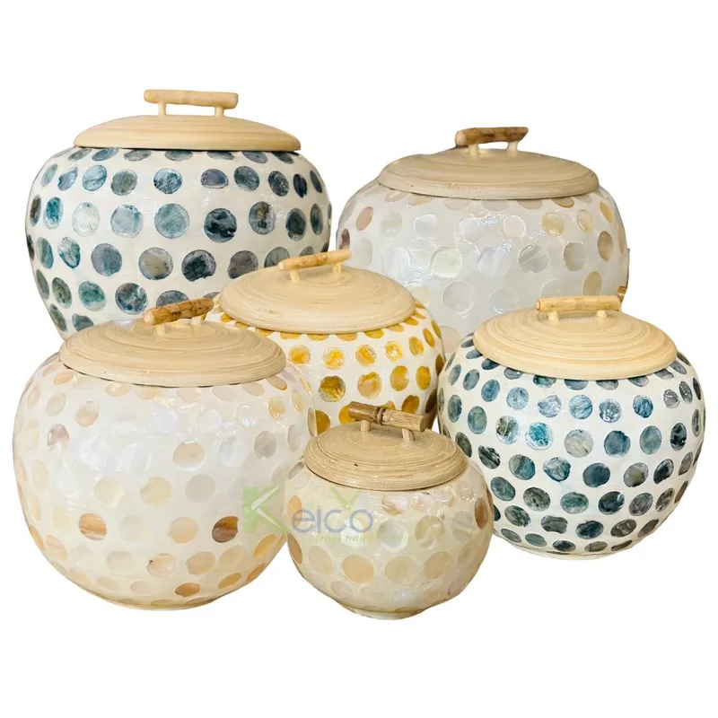 Rattan Export Hũ tre và khảm xà cừ chất lượng cao có nắp để trang trí và lưu trữ - REX-KC23122105