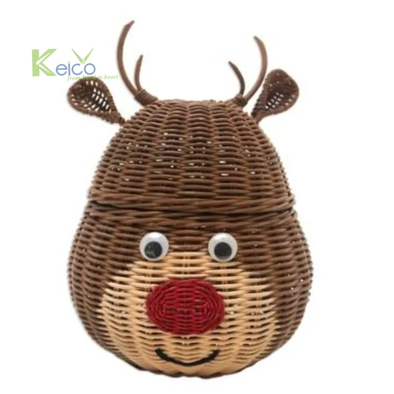 Rattan Export Christmas Reindeer Wicker Rattan Basket, Brown Color With Red Noses KC23112701 - REX-K2392502-1-2-1