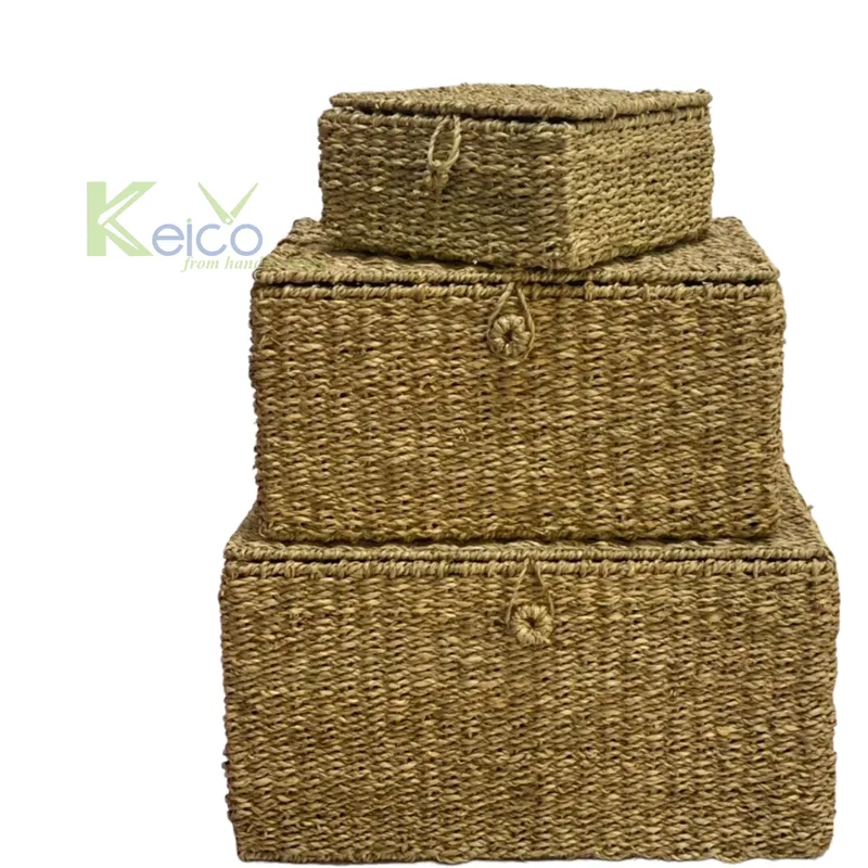 Rattan Export Bộ 3 giỏ đựng đồ cỏ biển hình chữ nhật có nắp K23111001 - REX-K2392301-2