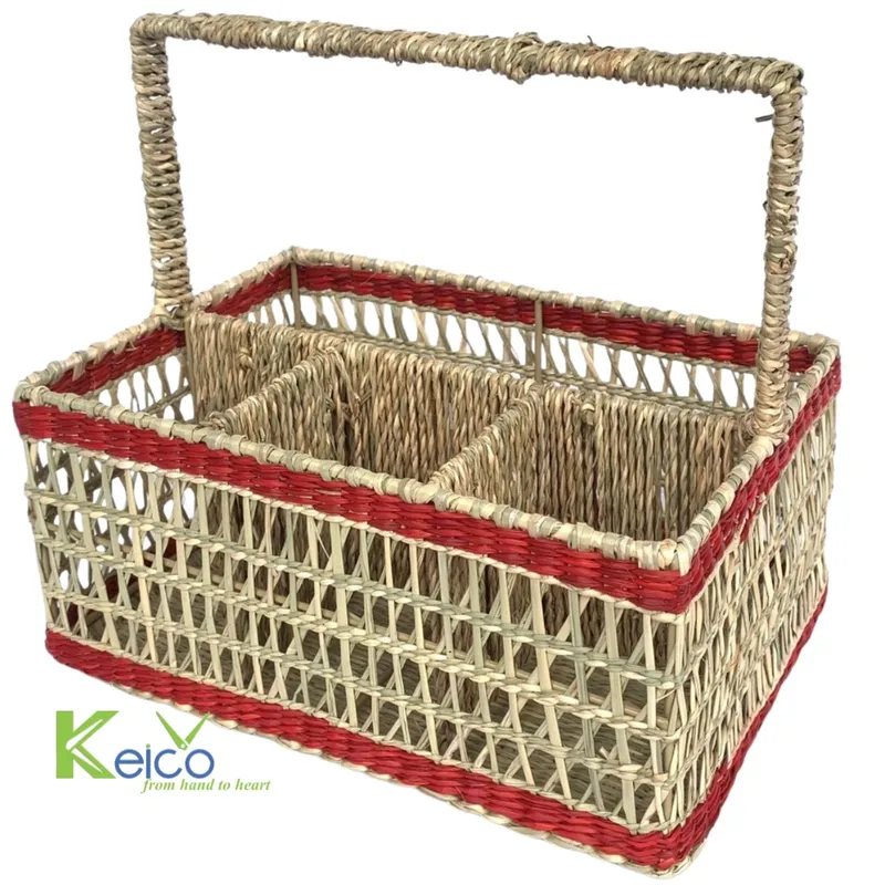 Rattan Export Rectangle Seagrass 4 Compartments Storage Basket With Handle - REX-K23101902