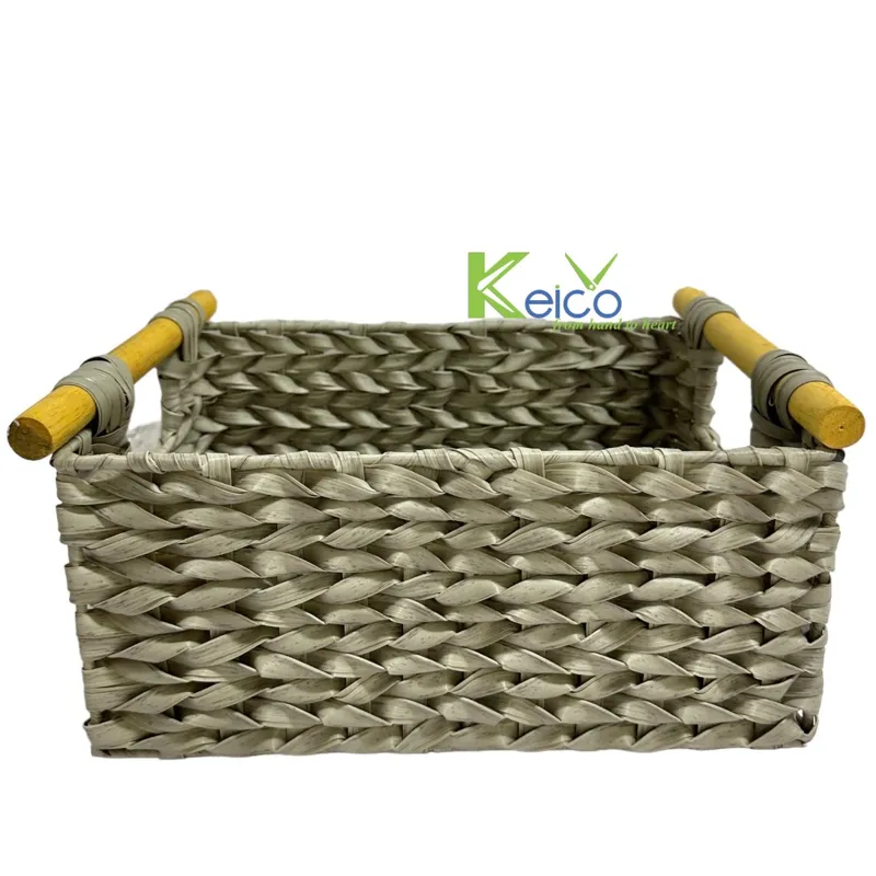 Rattan Export Plastic Woven Rectangle Storage Basket With Wooden Handles - REX-K23101601