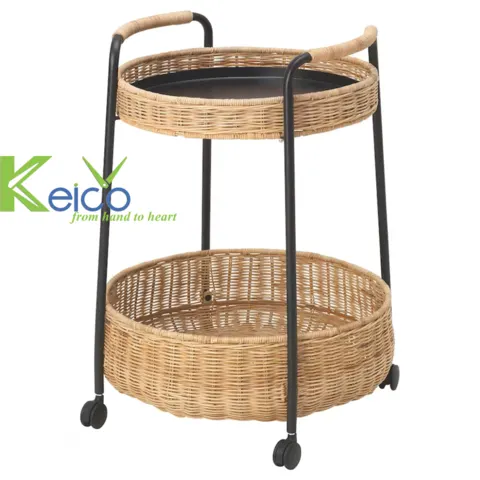 Rattan Export Wicker Round 2-Tier Bar Cart On Wheels - REX-K2392902