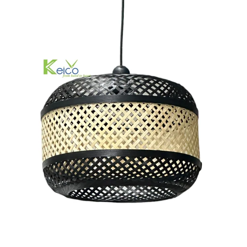 Rattan Export Zylindrische Bambus-Pendelleuchte in Schwarz und Natur D32xH22cm - REX-8423091511