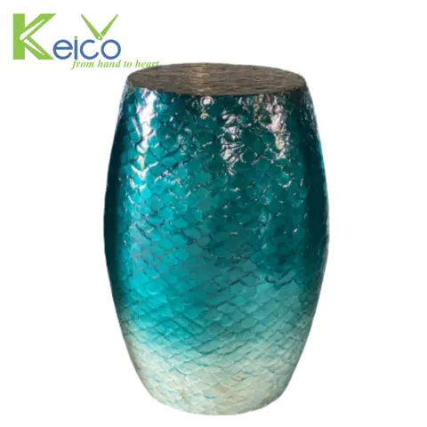 Rattan Export Capiz Mosaic Drum Table, Blue Fin - REX-8423090812