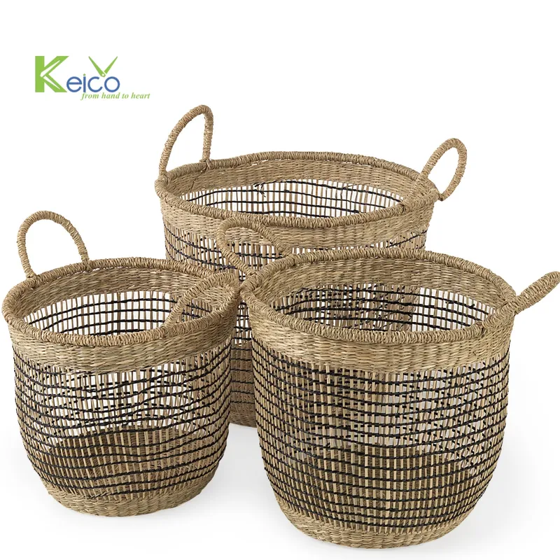 Rattan Export Sedge Storage Basket With Handles, Black Natural Color - REX-2309071989