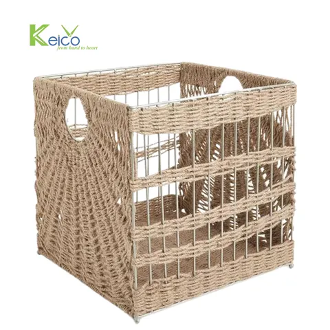 Rattan Export Cube Storage Basket with handles, Jute rope woven metal frame, vintage design - REX-2308301990