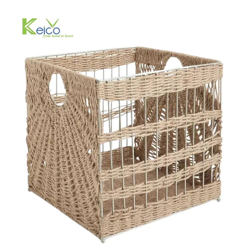 Rattan Export Cube Storage Basket with handles, Jute rope woven metal frame, vintage design - REX-2308301990