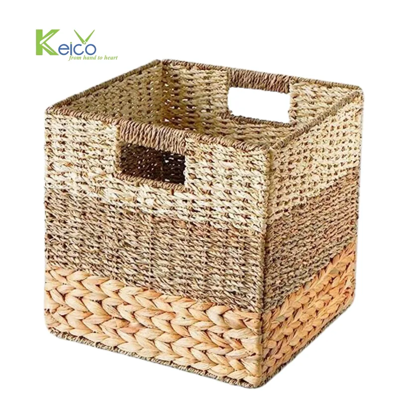 Rattan Export Cesta de almacenamiento cúbica con asas, tejida en jacinto de agua/hierba marina/hoja de palma - REX-2308301989