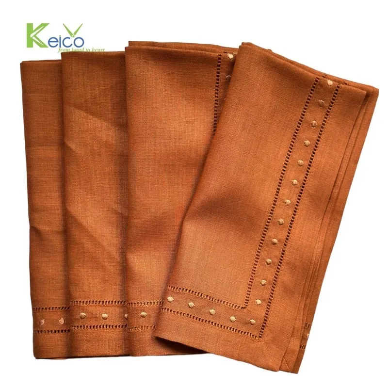 Rattan Export Servilletas rústicas de lino con borde bordado - REX-8423082312