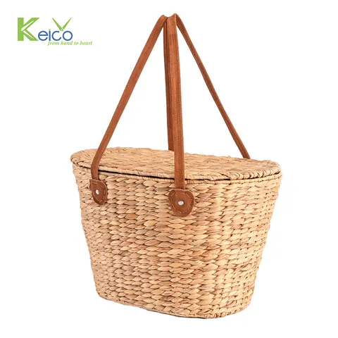 Rattan Export Woven picnic basket with leather handle wholesale - REX-8423072356