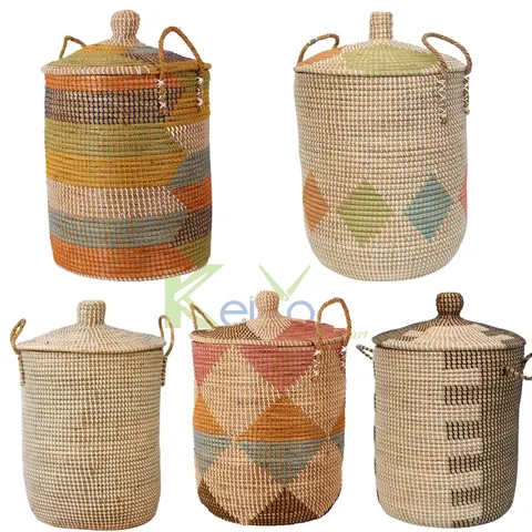 Rattan Export Wholesale rainbow colors seagrass laundry basket with customize color 50x60cm made in Vietnam - REX-8423060811