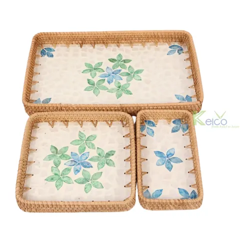 Rattan Export Bộ 3 khay mây tự nhiên và xà cừ họa tiết tùy chỉnh chất lượng cao - REX-K23101201-2-2
