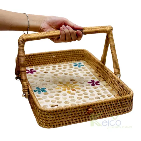 Rattan Export High Quality Rectangle Capiz Rattan Tray With Folding Handle K23120101 - REX-K23101201-2-1