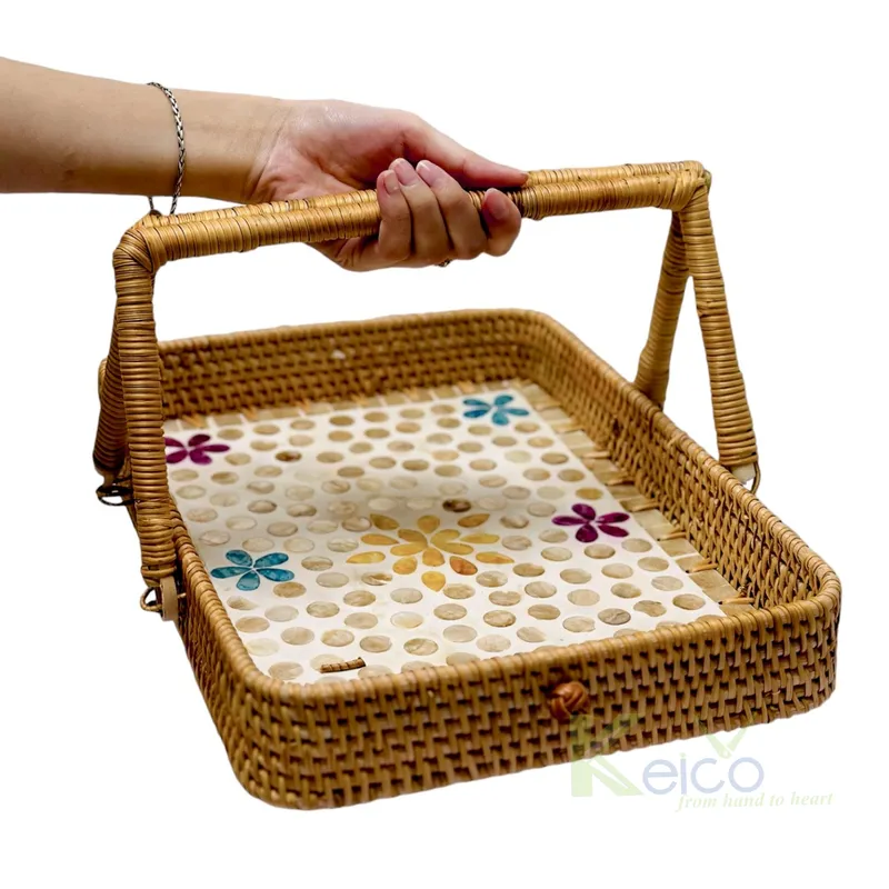 Rattan Export Khay mây khảm Capiz hình chữ nhật chất lượng cao có tay cầm gập - REX-K23101201-2-1