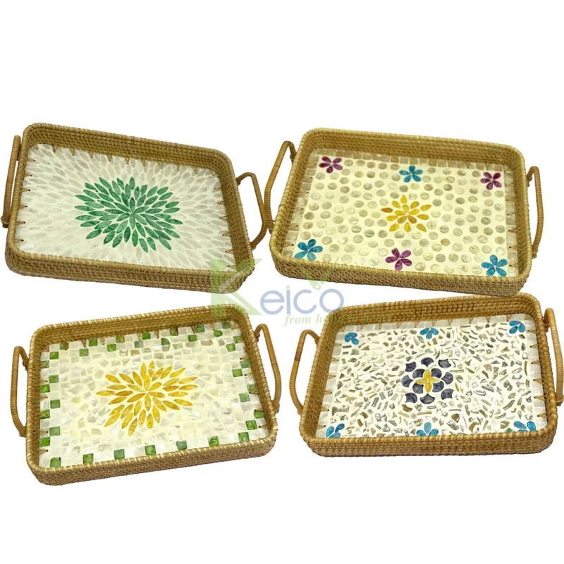 Rattan Export Bandeja rectangular de ratán y Capiz de alta calidad con asa - REX-K23101201-2