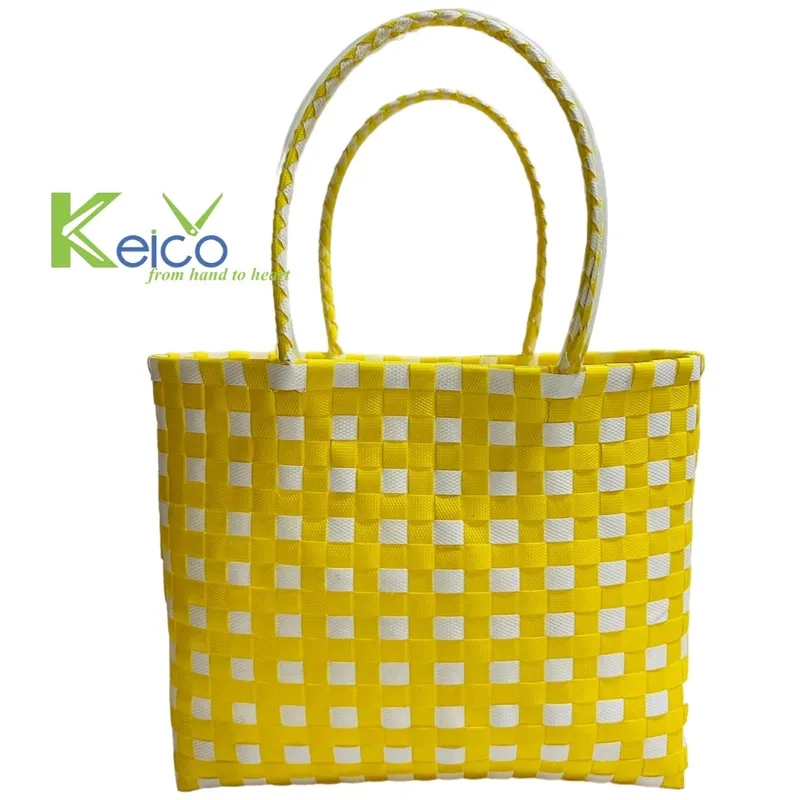 Rattan Export Handtasche aus geflochtenen Kunststoffbändern in Weiß und Gelb - REX-K23101101