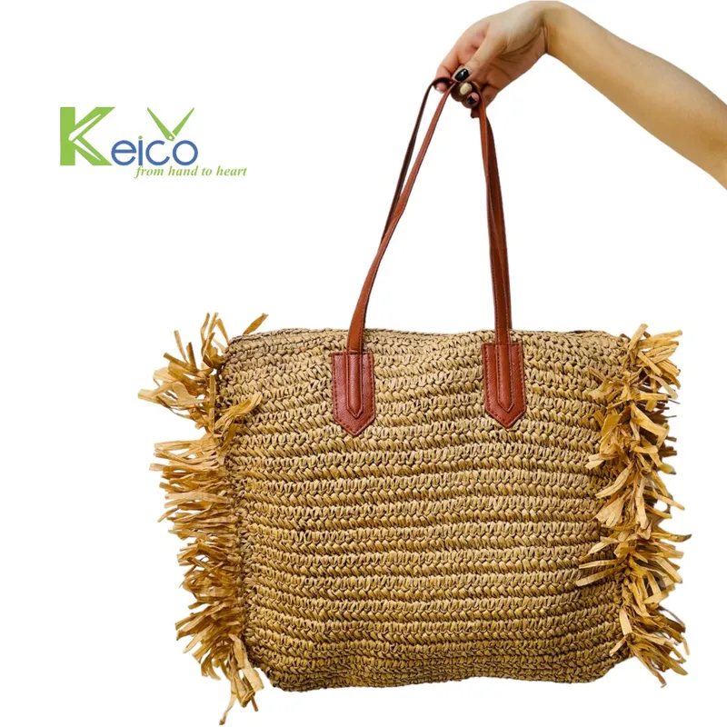 Rattan Export Bolso de hombro de cuerda de papel hecho a mano con asa de cuero - REX-8423092211-1