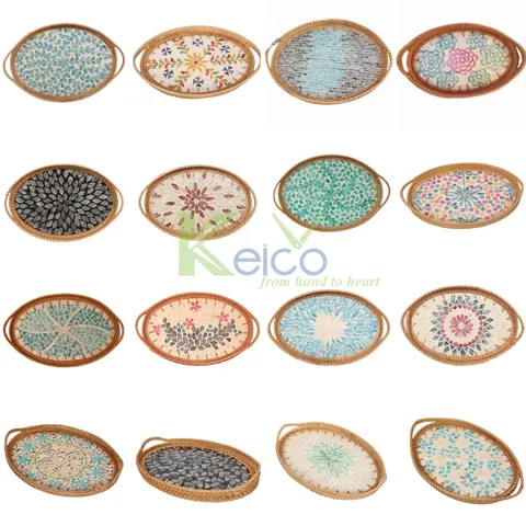 Rattan Export Wholesale oval patterned rattan mix mother of pearl tray customized size and pattern - REX-8423071720
