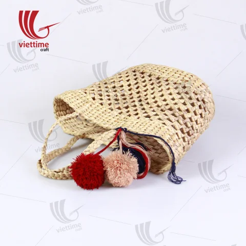 Pretty Water Hyacinth Handbag With Pompom