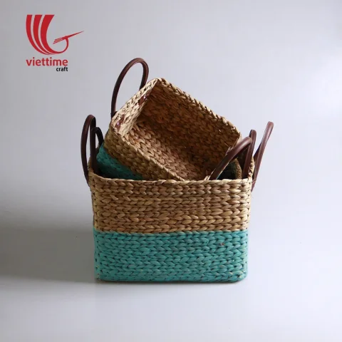 Rattan Export Water Hyacinth Basket With Leather Handle - REX-B00007