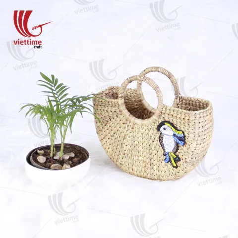 Bird Embroidered Water Hyacinth HandBag