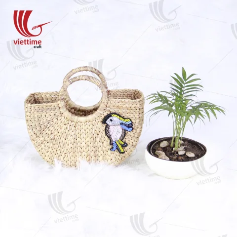 Bird Embroidered Water Hyacinth HandBag