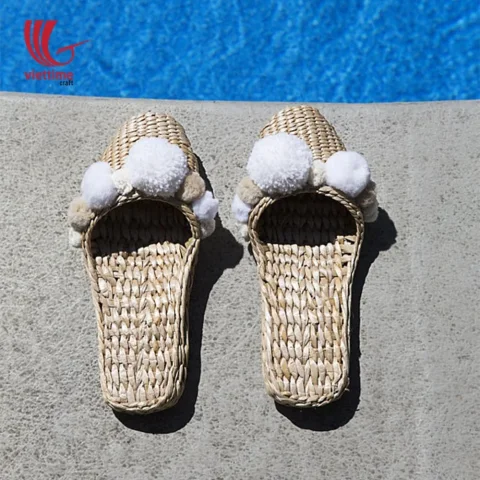 Water Hyacinth Slipper With White Pompom