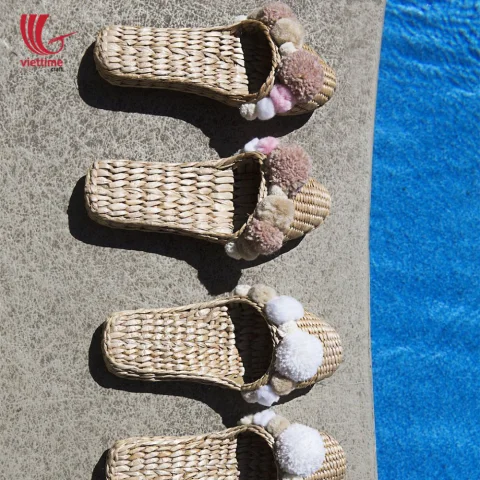 Water Hyacinth Slipper With White Pompom