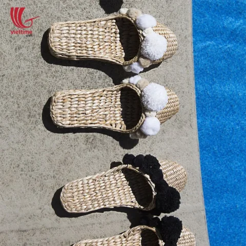 Water Hyacinth Slipper With White Pompom